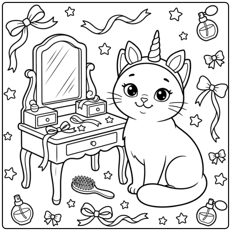 Mooie unicorn poes kleurplaat aan de kaptafel met sterretjes.