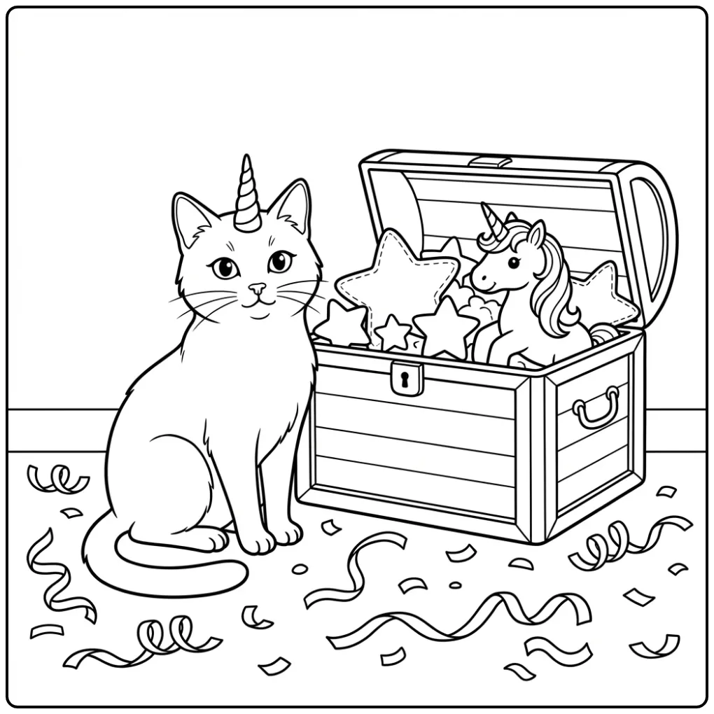 Unicorn poes kleurplaat van kat naast kist met eenhoorn.