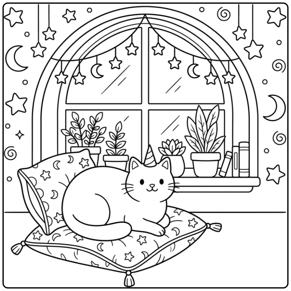 Lieve unicorn poes kleurplaat met hoedje en sterren.