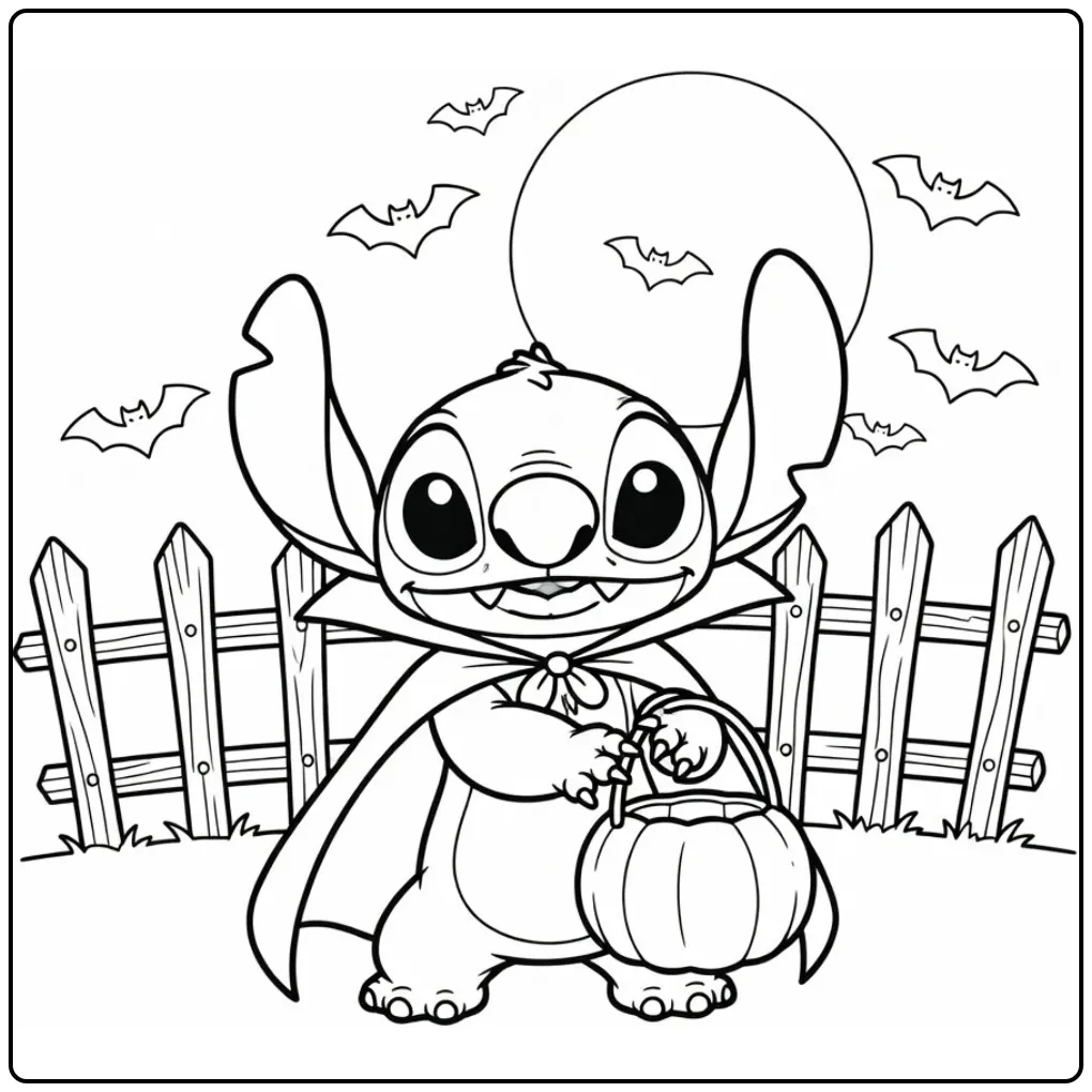 Stitch halloween kleurplaat met snoepemmer en cape.