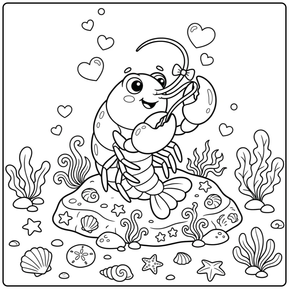 Romantische kreeft kleurplaat die zijn voelsprieten poetst.