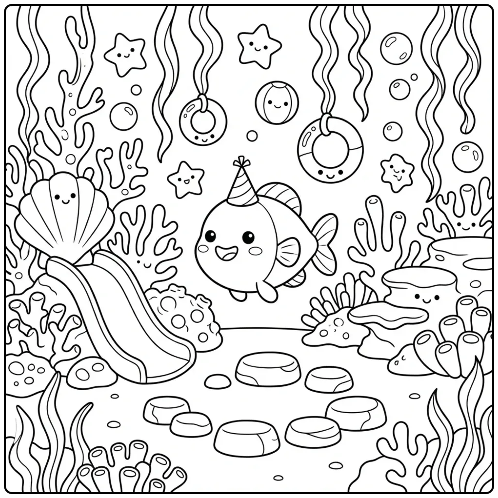 Blije vis kleurplaat peuter met schelpglijbaan en speelgoed.