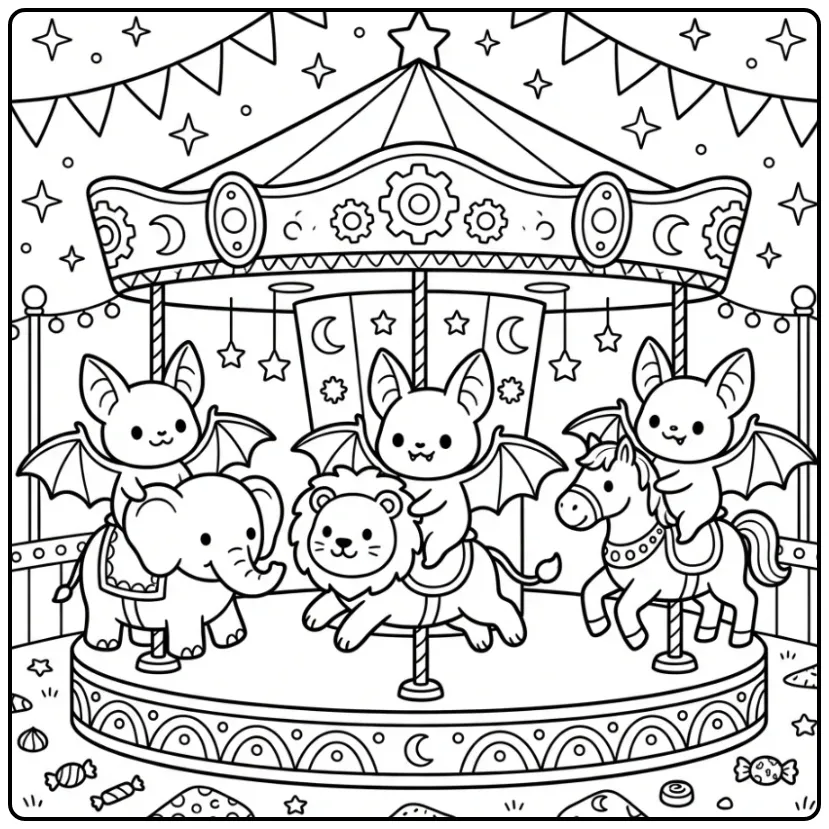 Vrolijke vleermuis kleurplaat met kermis draaimolen.