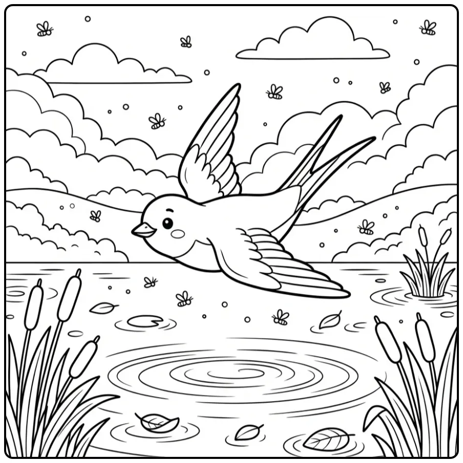 Leuke vliegende vogel kleurplaat van een zwevende zwaluw.