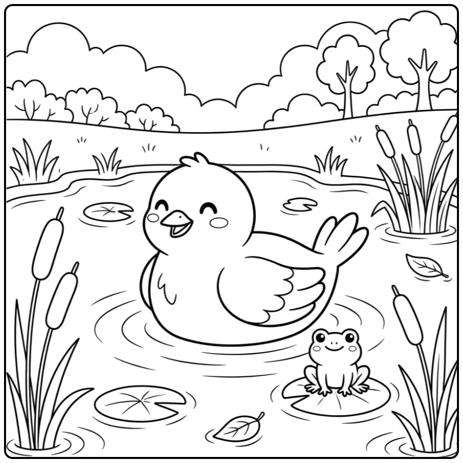 Vogel kleurplaat simpel van een eend op de vijver.