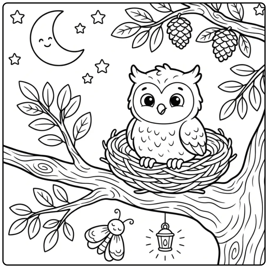Een vogel kleurplaat simpel met een uiltje in een nest.