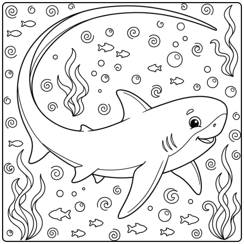 Zwemmende voshaai kleurplaat haai tussen vissen