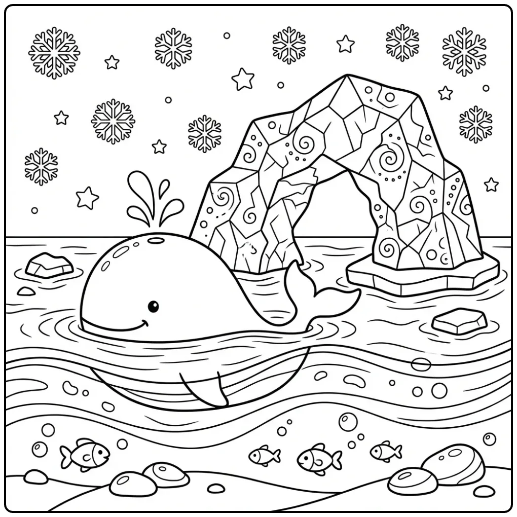 Een vrolijke walvis kleurplaat in de koude zee.