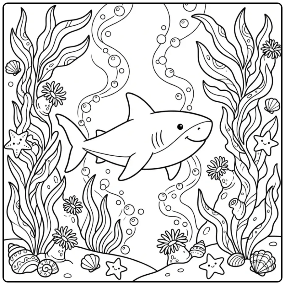 Vrolijke witte haai kleurplaat met zeesterren en bubbels.