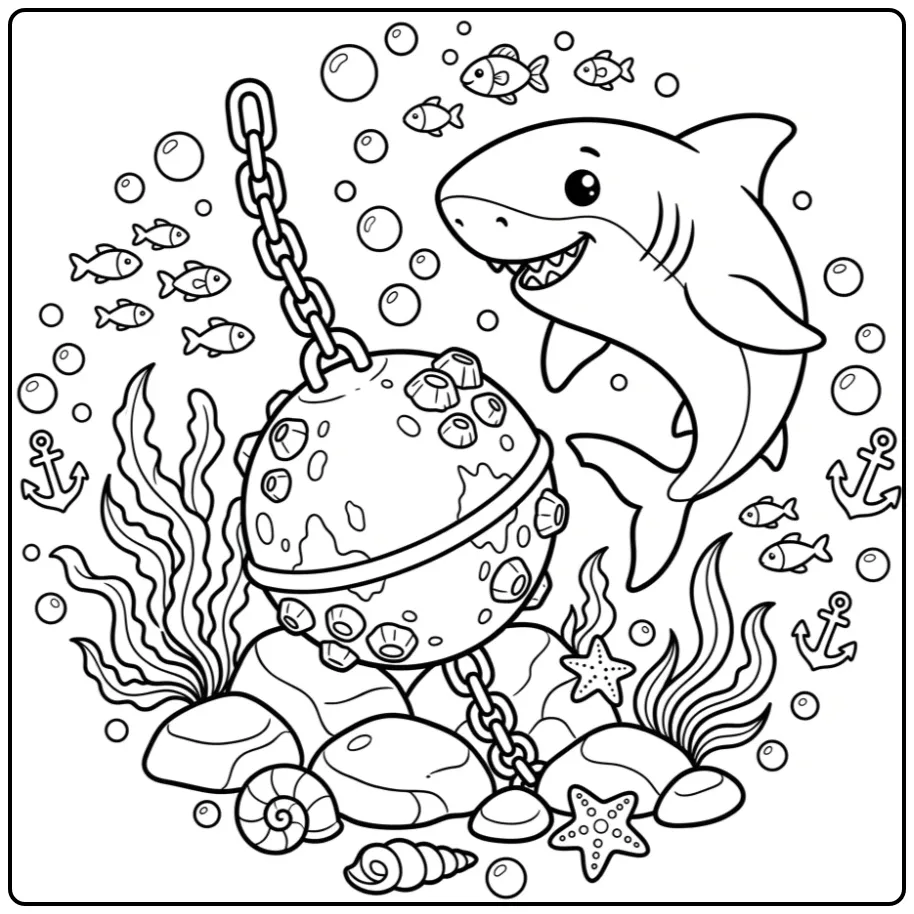 Avontuurlijke witte haai kleurplaat bij een gezonken boei.