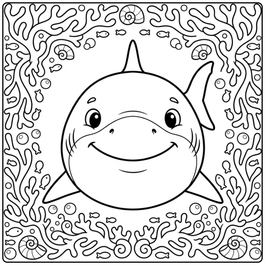 Vrolijke lachende witte haai kleurplaat in cartoonstijl.