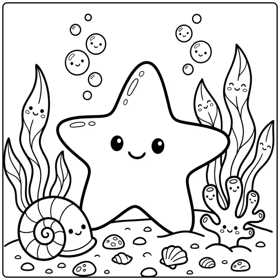 Leuke zeester kleurplaat met schelp en koraal op de bodem.