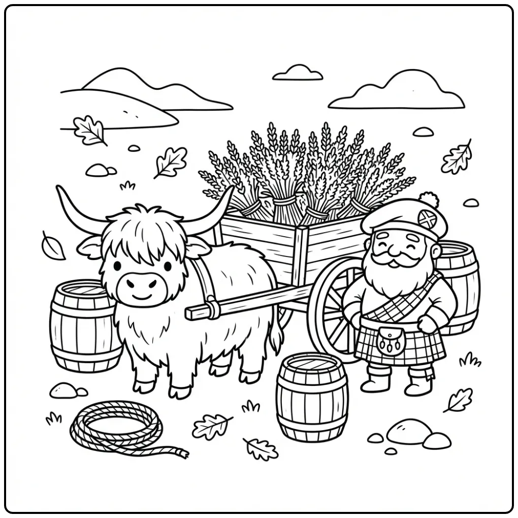 Schotse hooglander kleurplaat met kar vol heide en vaten.