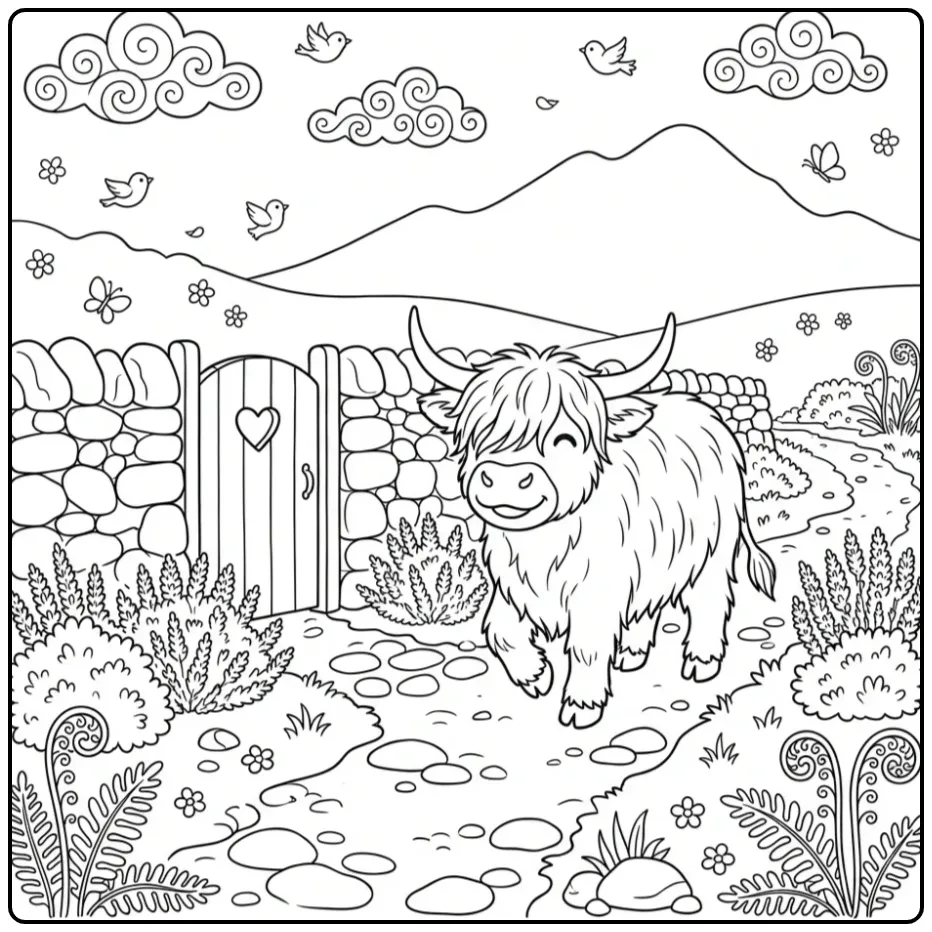 Wandelende schotse hooglander kleurplaat langs stenen muur