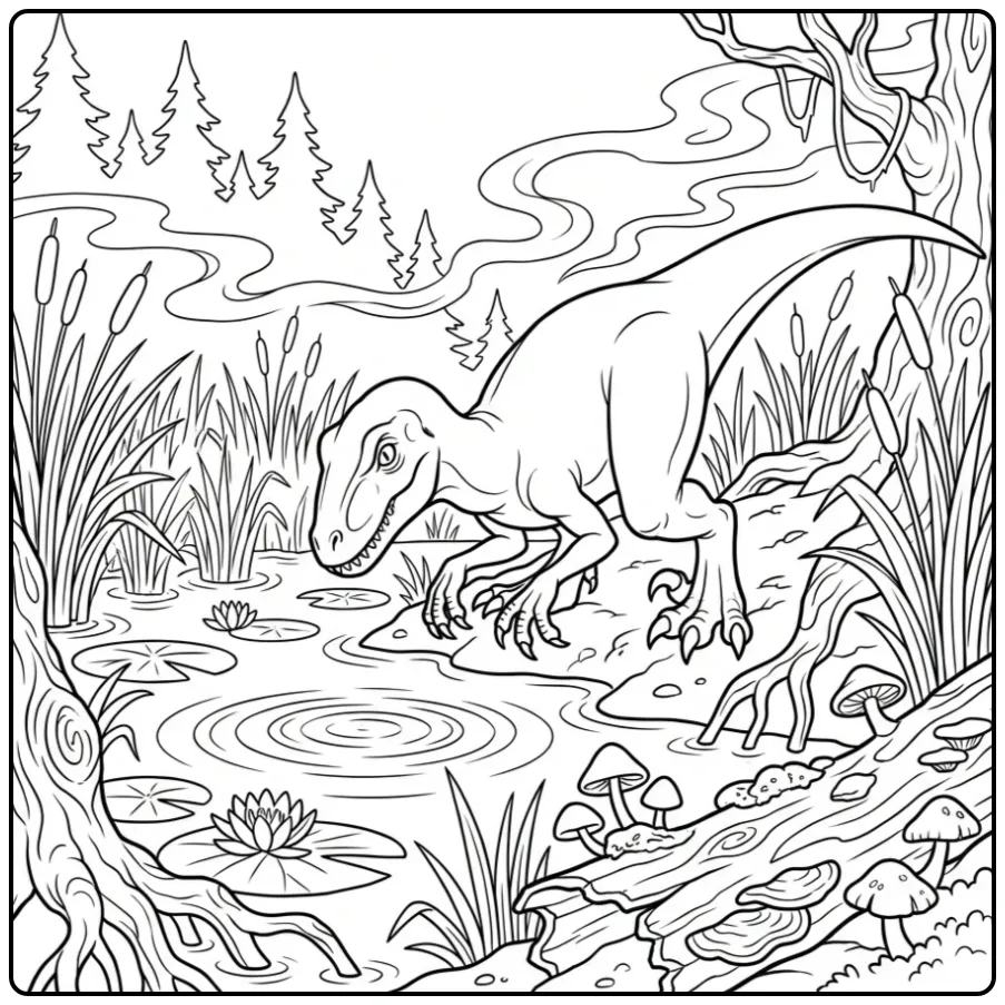 Spannende scorpius rex kleurplaat bij een moeras.