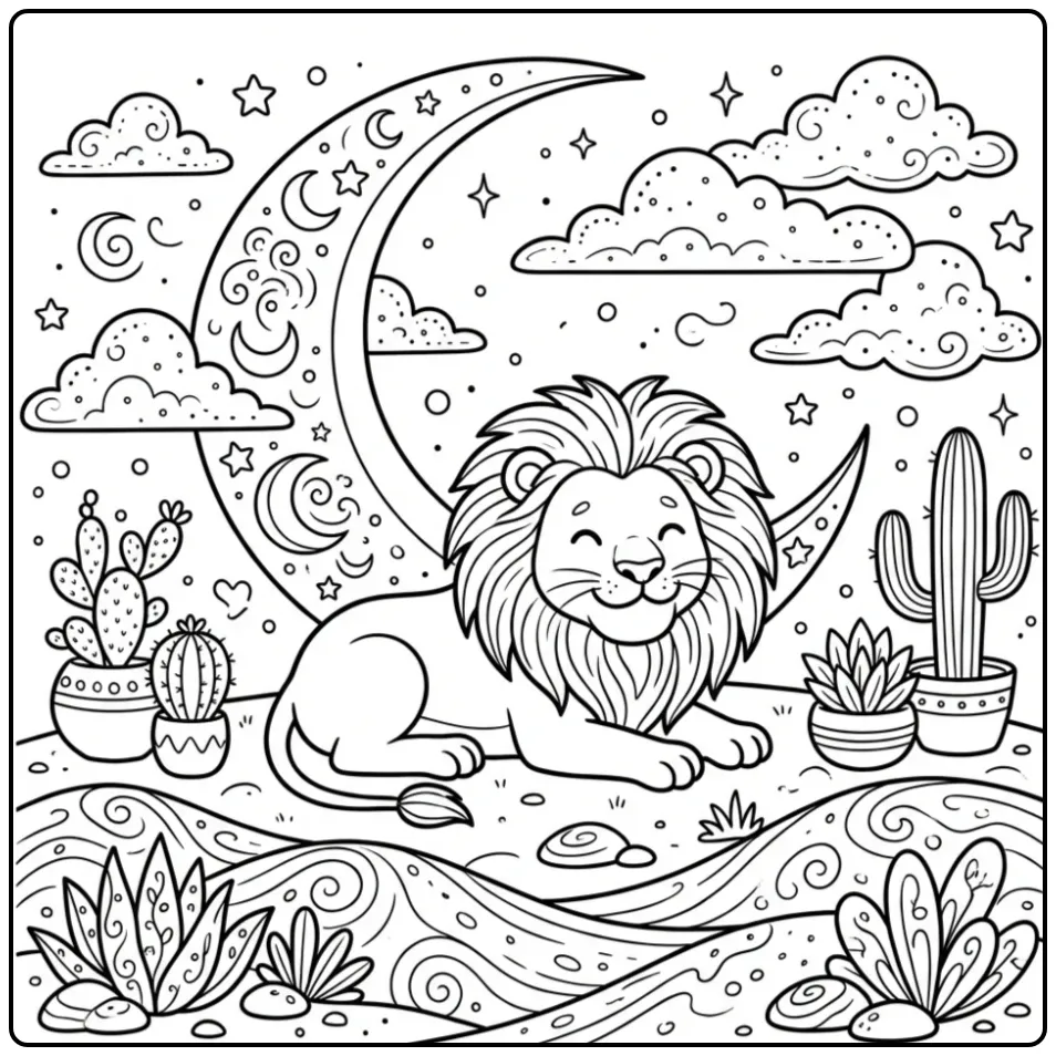 Rustige kleurplaat leeuw volwassenen onder de maan.