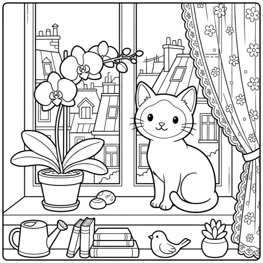 Zittende Siamese poes kleurplaat bij het raam.