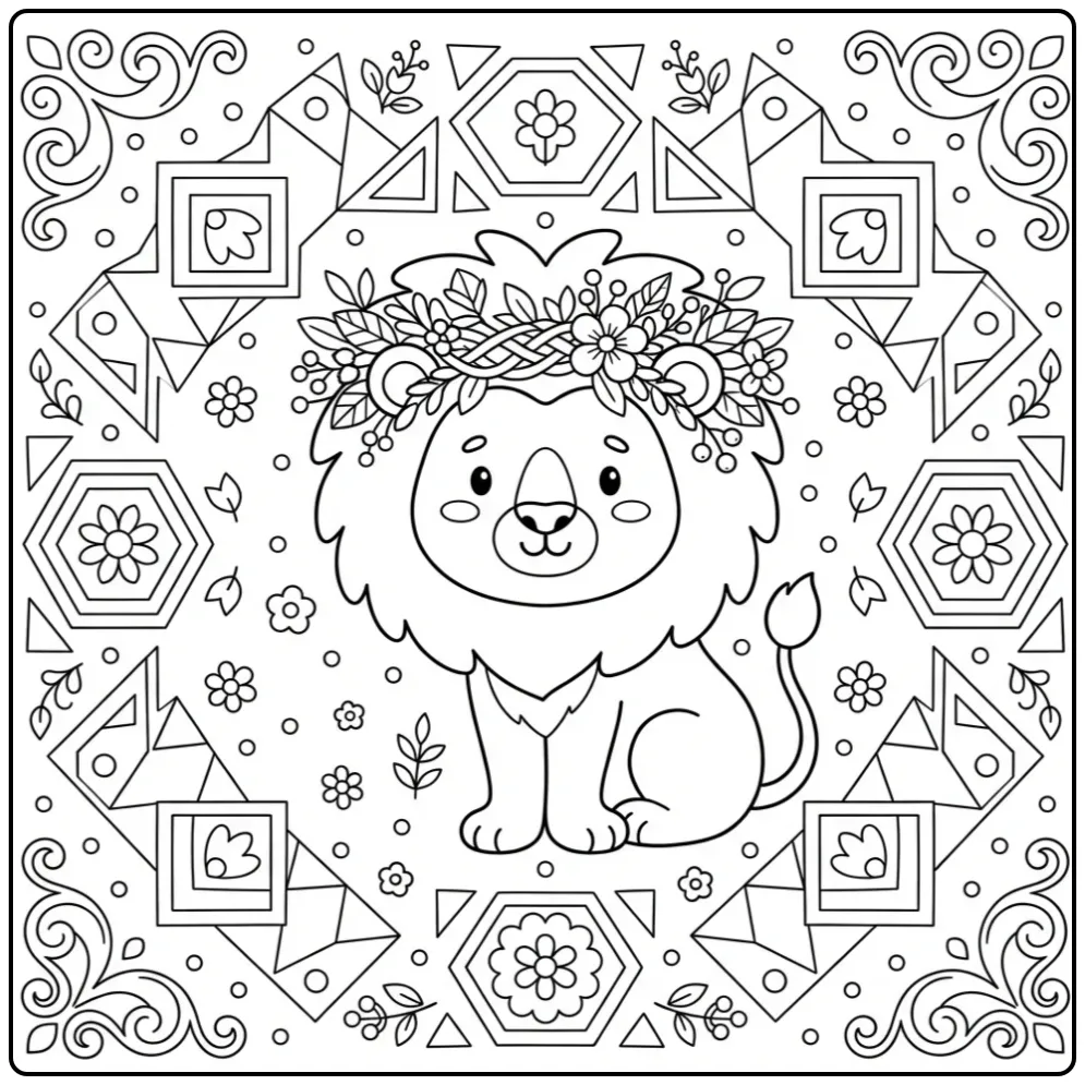 Mandala kleurplaat leeuw volwassenen met bloemenkrans.