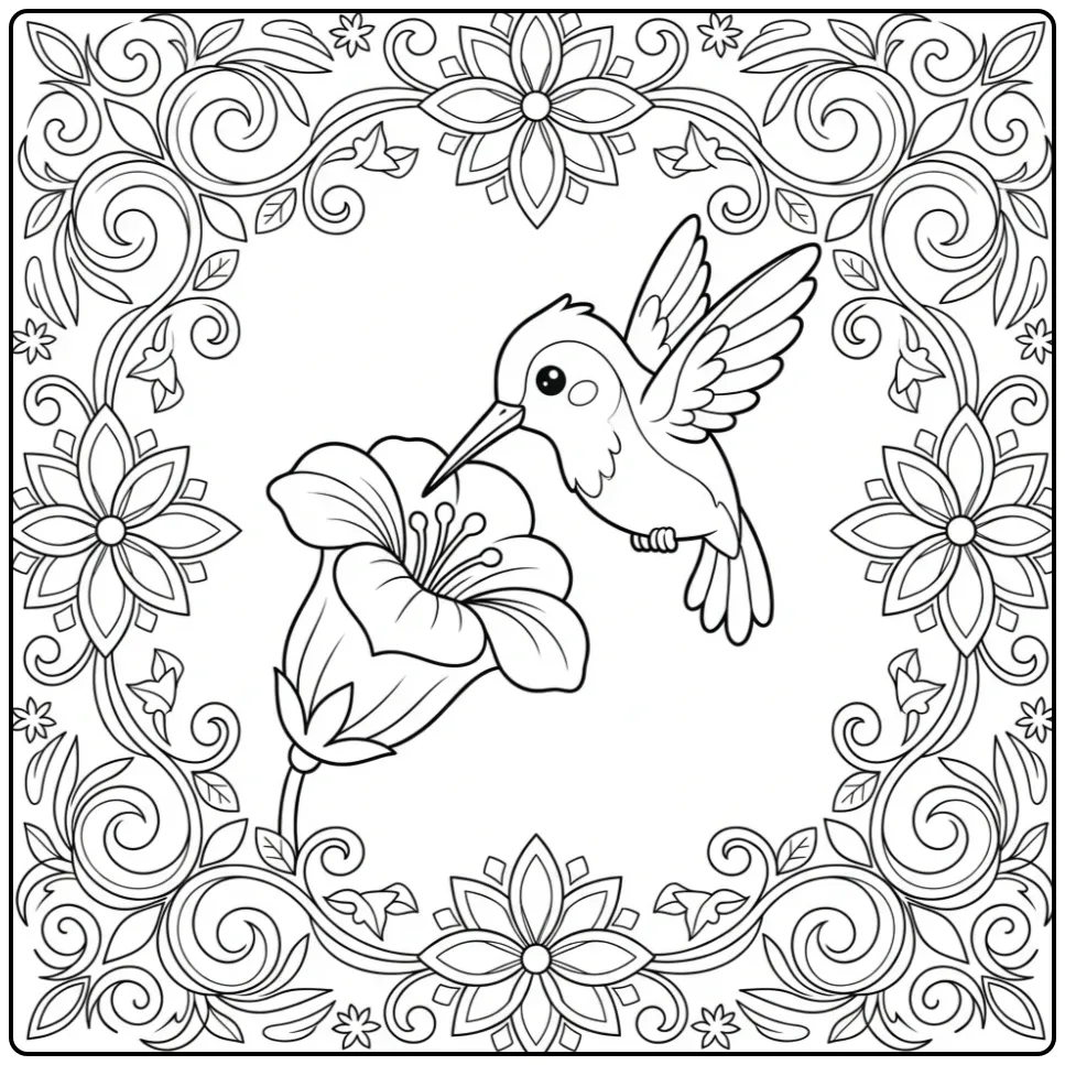 Zwart-wit vogel kleurplaat voor volwassenen met bloemen