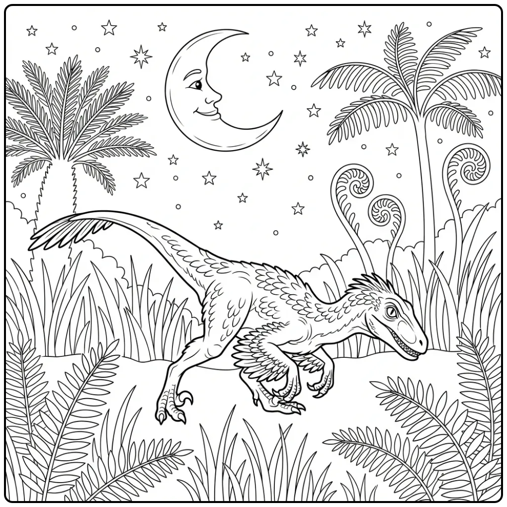 Nachtelijke raptor kleurplaat met maan en sterren.