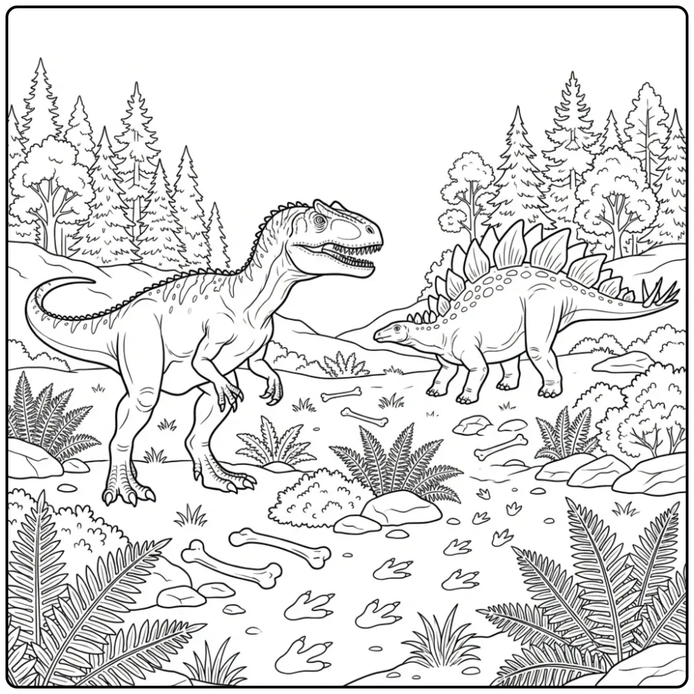 Gedetailleerde allosaurus kleurplaat met een stegosaurus.