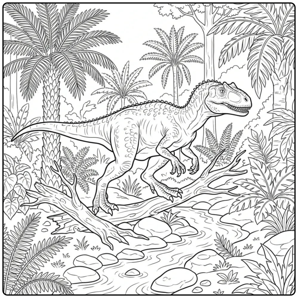 Realistische allosaurus kleurplaat in een dicht oerbos.