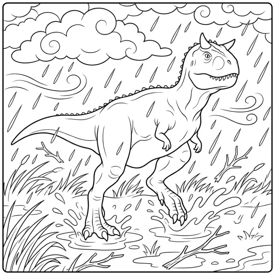 Een carnotaurus kleurplaat lopend door de storm.