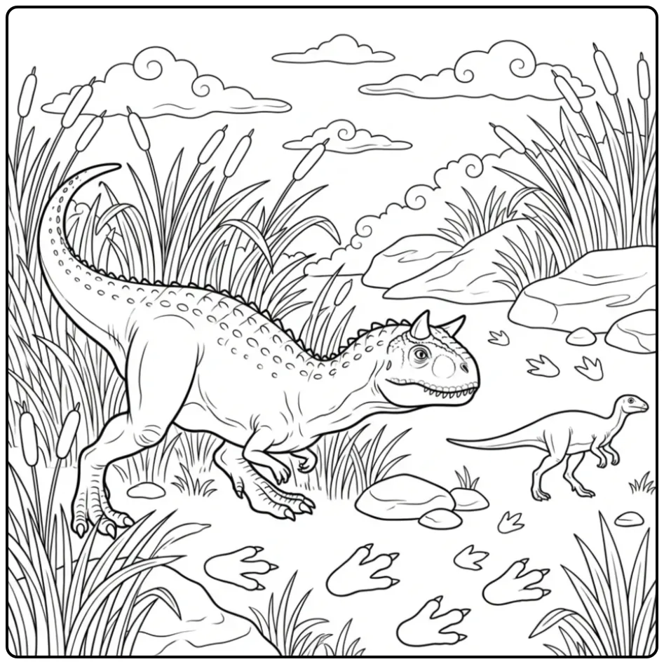 Sluipende carnotaurus kleurplaat tussen hoge grassen.