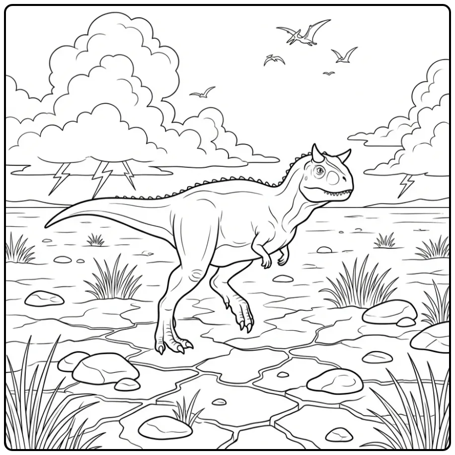 Een gedetailleerde carnotaurus kleurplaat op een open vlakte.