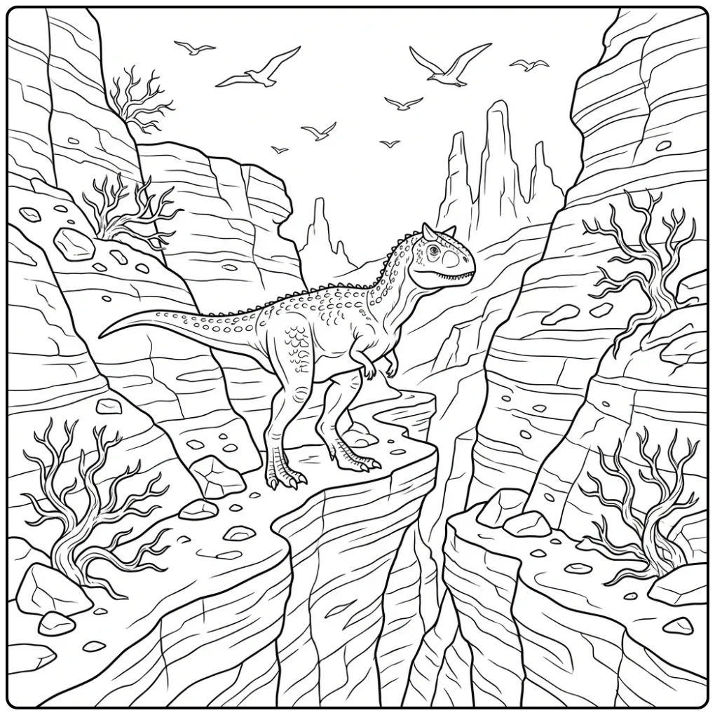 Carnotaurus kleurplaat op een smalle rots in een canyon.