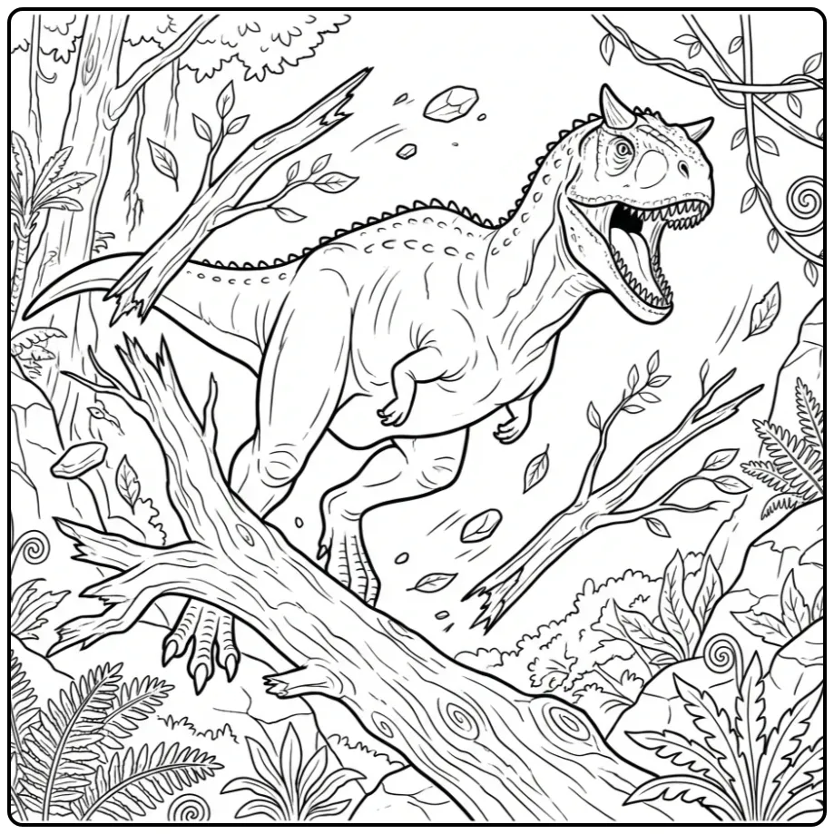 Dinosaurus in actie op deze carnotaurus kleurplaat.