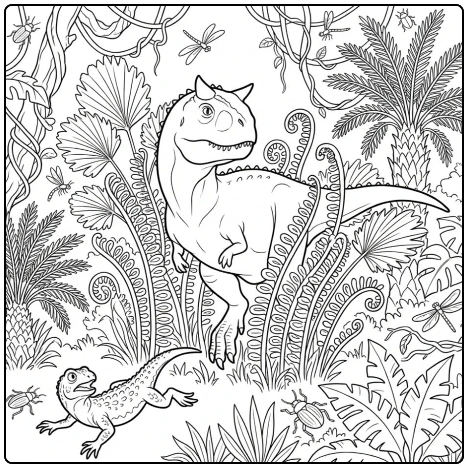 Carnotaurus kleurplaat in een jungle met varens en hagedis