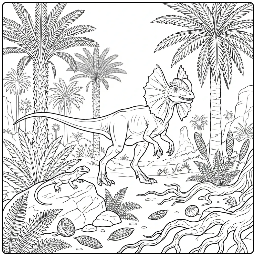 Realistische dilophosaurus kleurplaat tussen oerplanten.