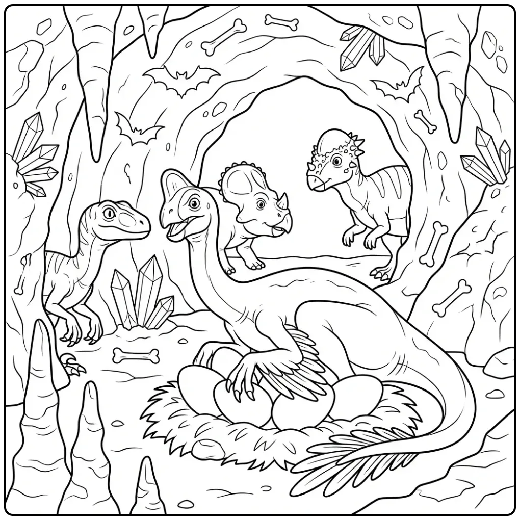 Oviraptor moeder beschermt eieren in deze dino kleurplaat.