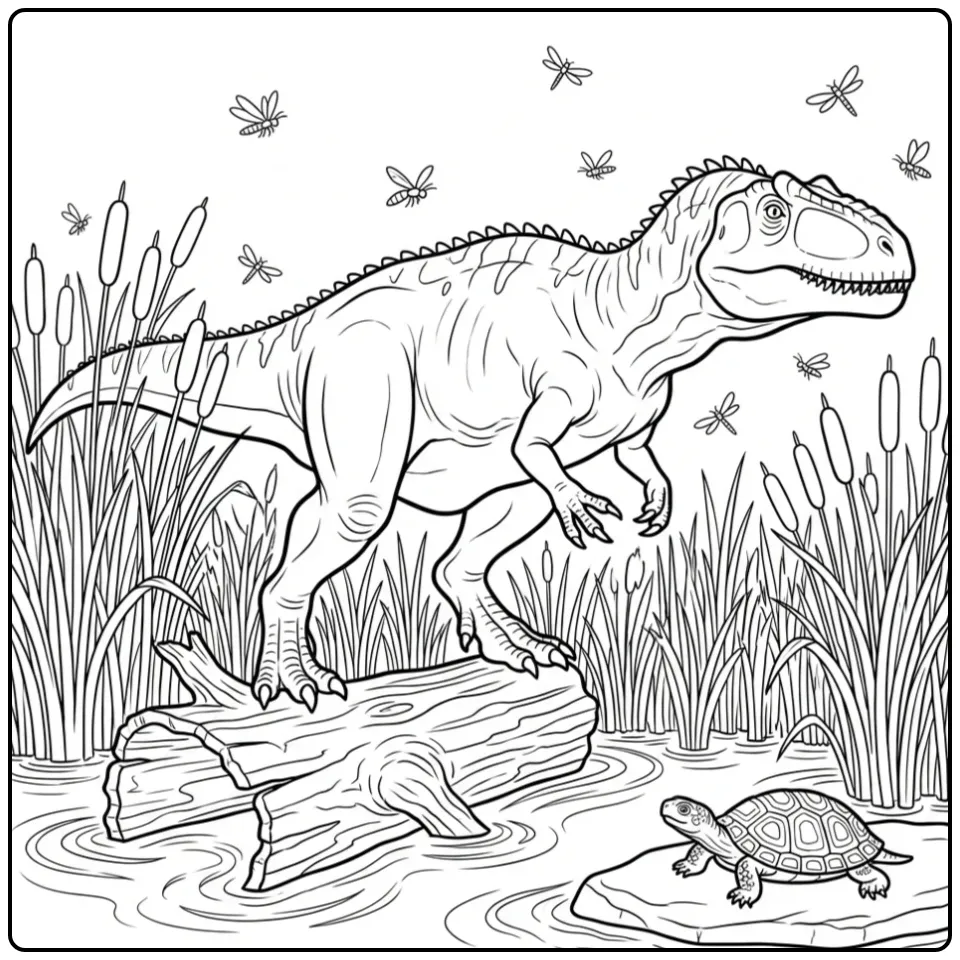 Een gedetailleerde giganotosaurus kleurplaat in het moeras.