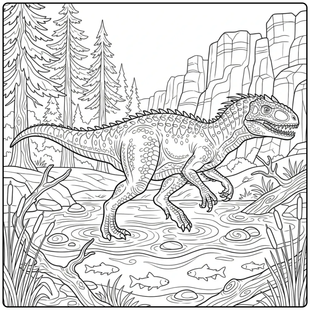 Gedetailleerde indominus rex kleurplaat in een rivier.