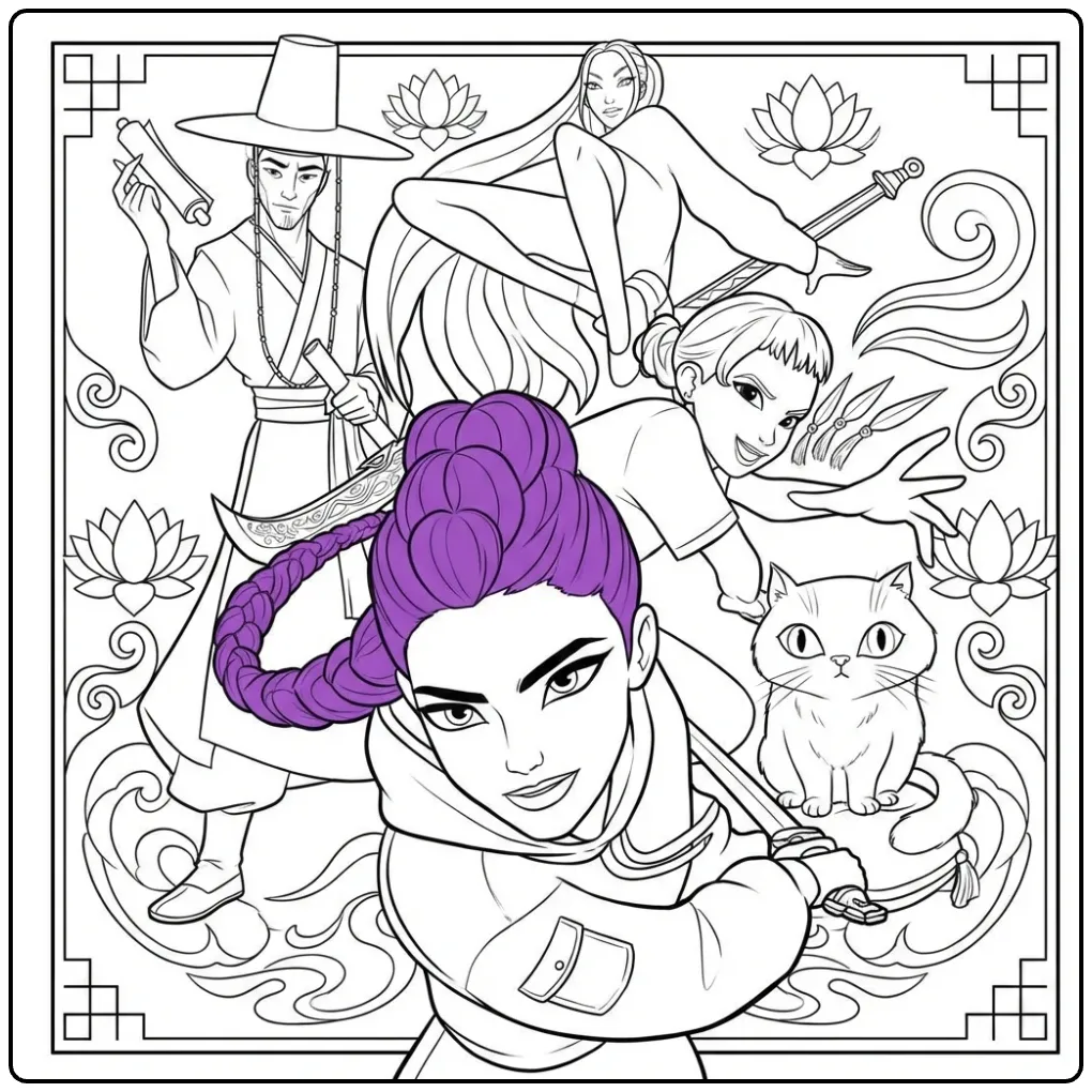 Deze kleurplaat kpop demon hunters toont vier helden en een kat.