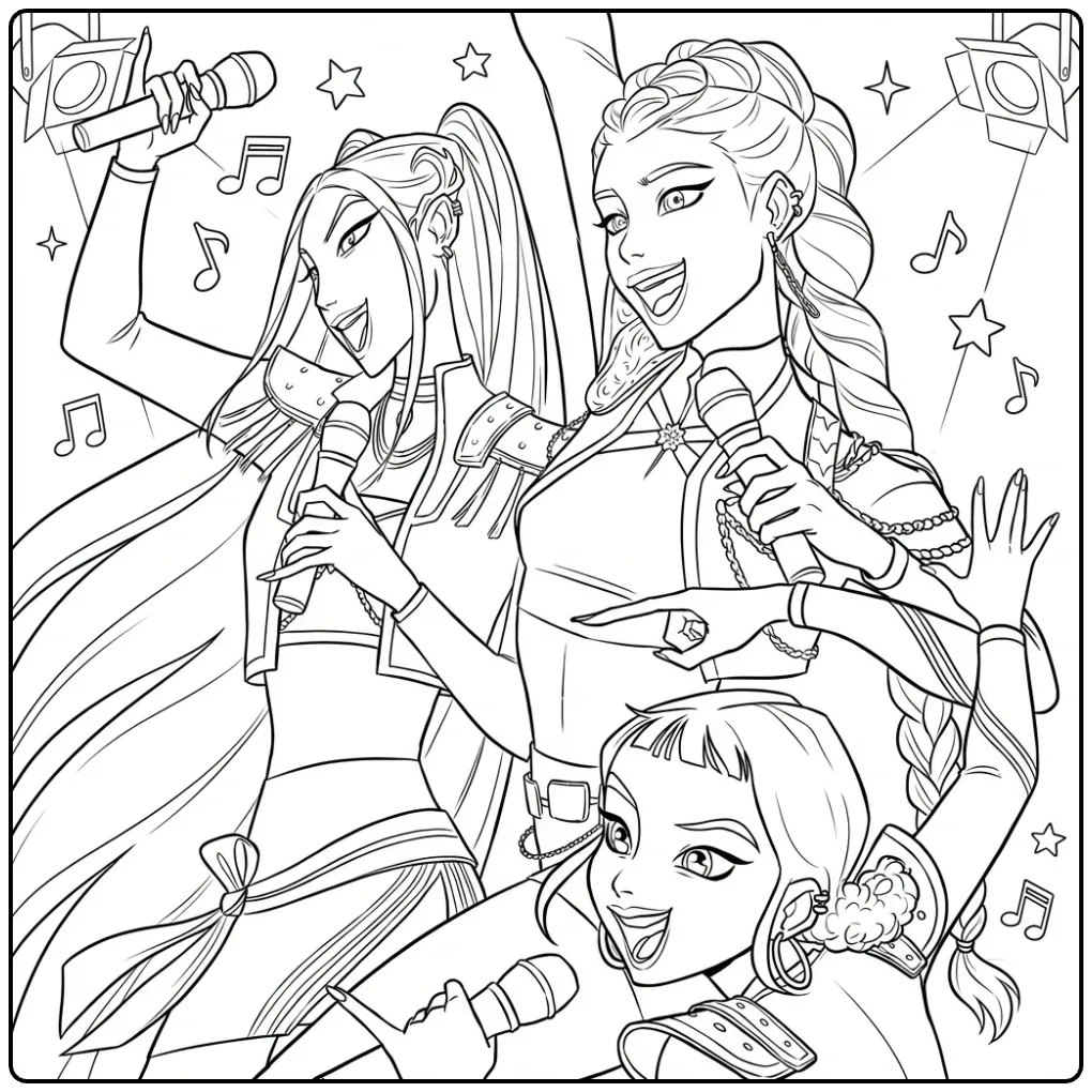 Kleurplaat van zingende kpop demon hunters op een podium.