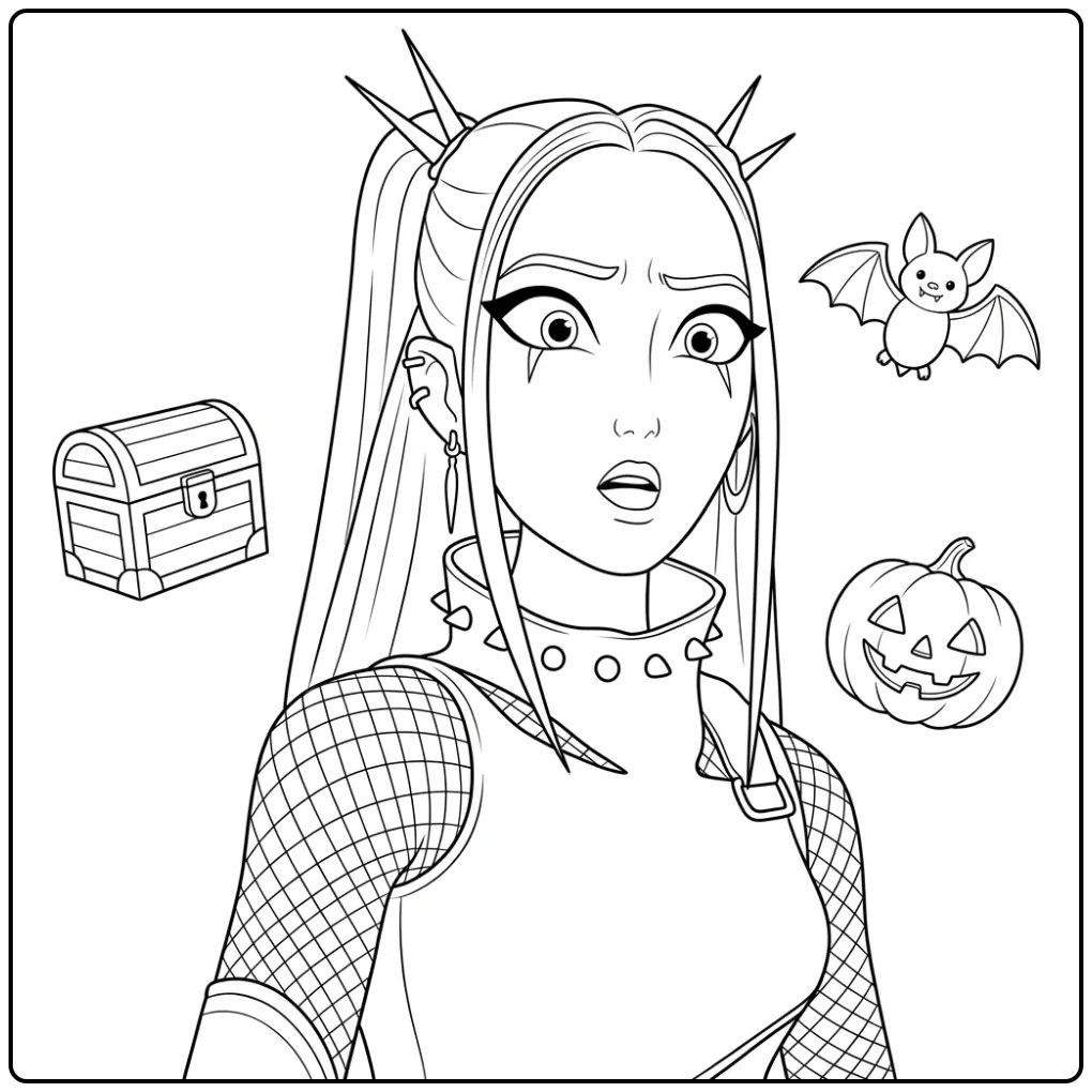 Kleurplaat kpop demon hunters mira en een schatkist met vleermuis.