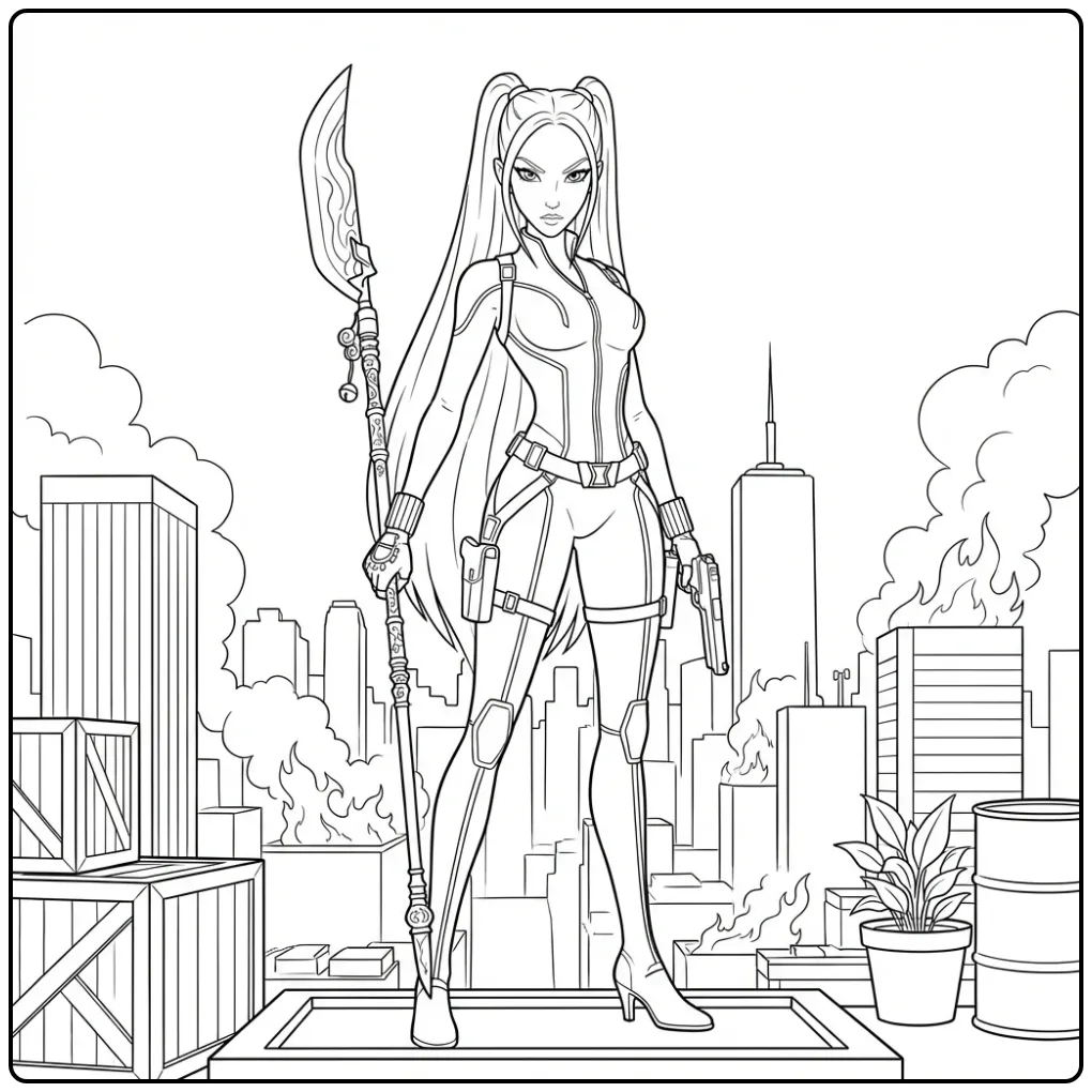 Een kleurplaat kpop demon hunters mira op een brandend dak.