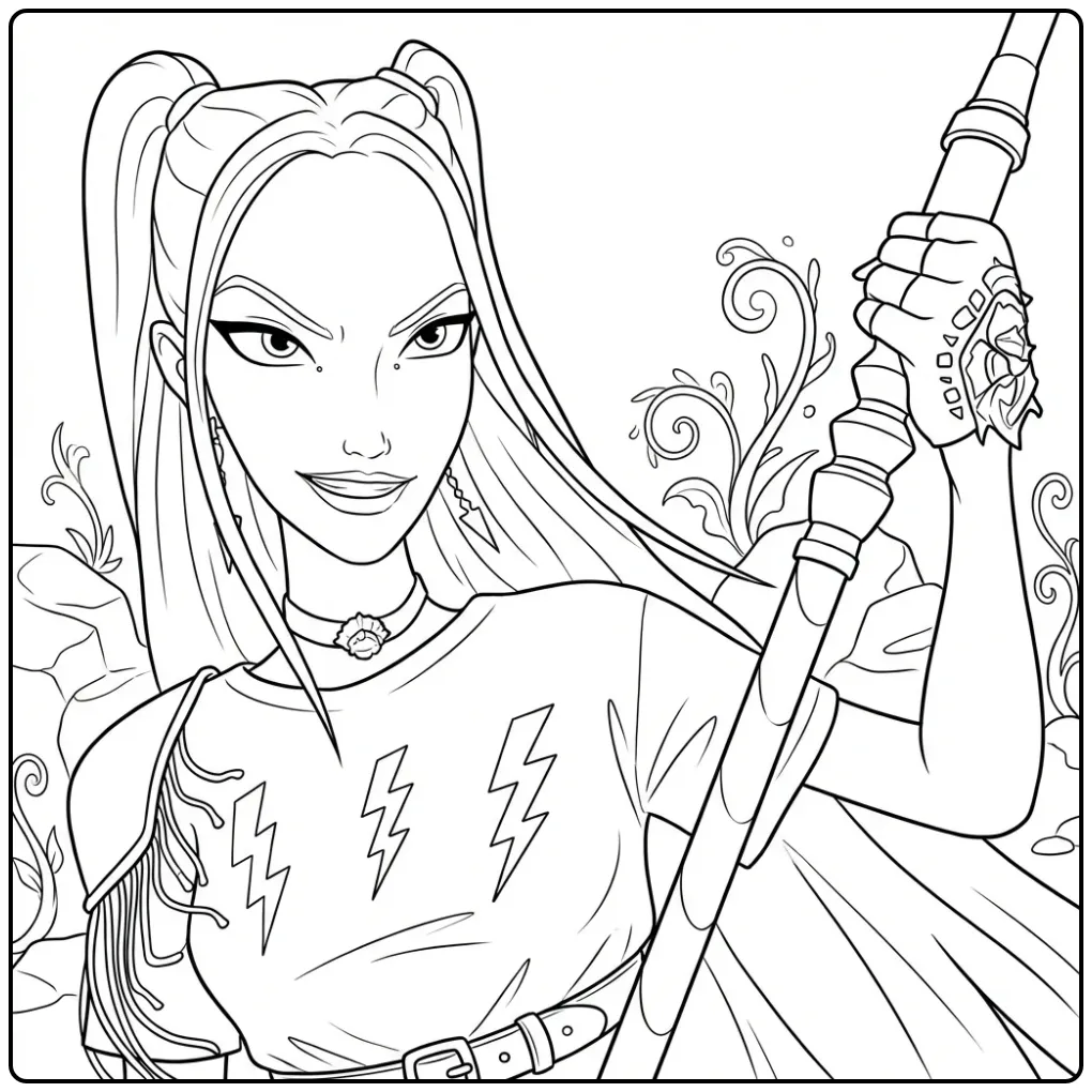 Kleurplaat Kpop Demon Hunters Mira met een staf.