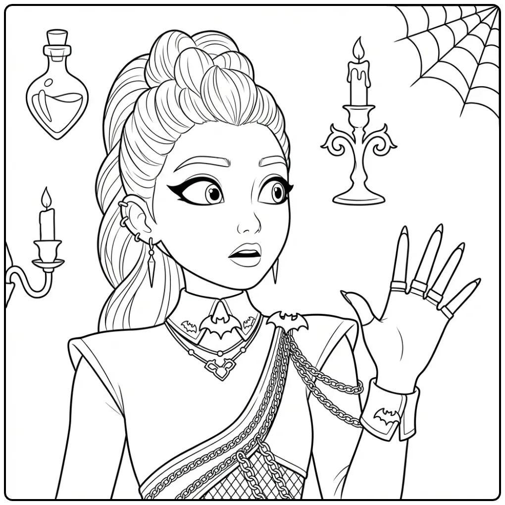 Kleurplaat kpop demon hunters rumi: angstig personage met kaarsen.