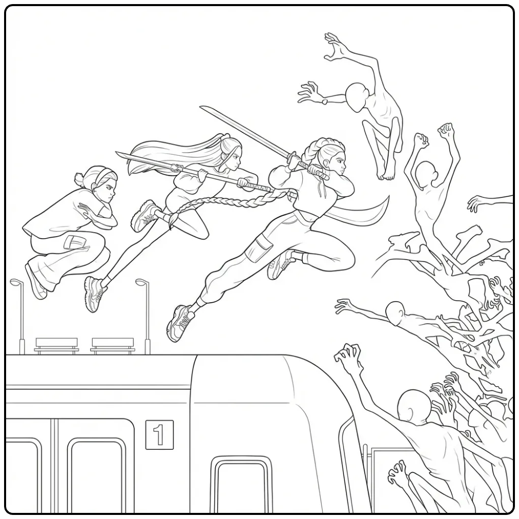 Een actievolle kpop demon hunters kleurplaat op een trein.