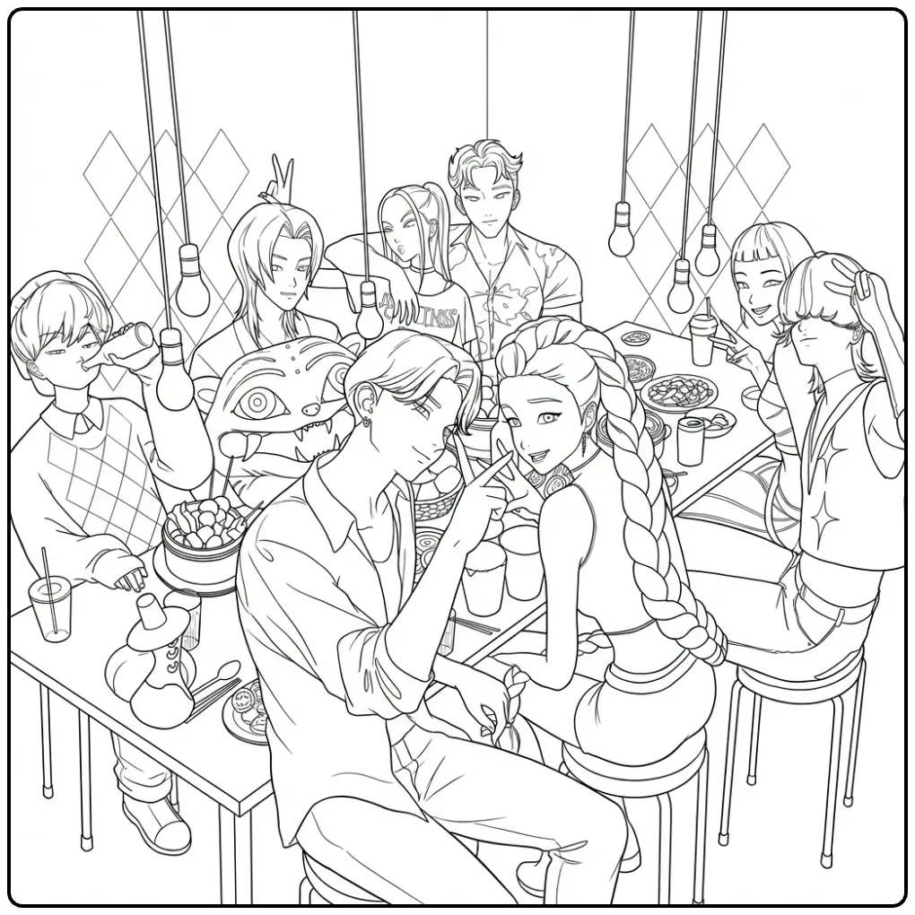 Gedetailleerde Kpop demon hunters kleurplaat van een team.