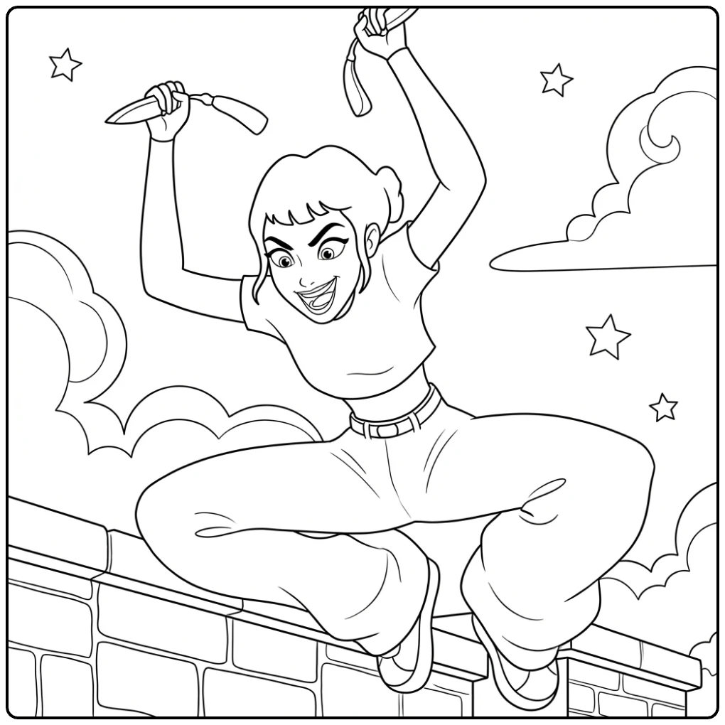 Kpop demon hunters kleurplaat zoey springt met dolken.