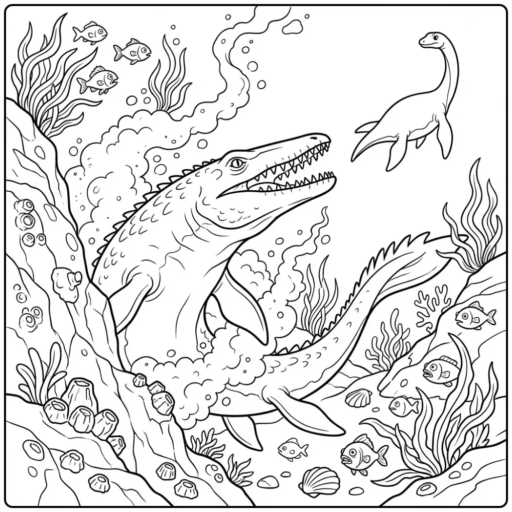 Mosasaurus kleurplaat van een jacht op een plesiosaurus.