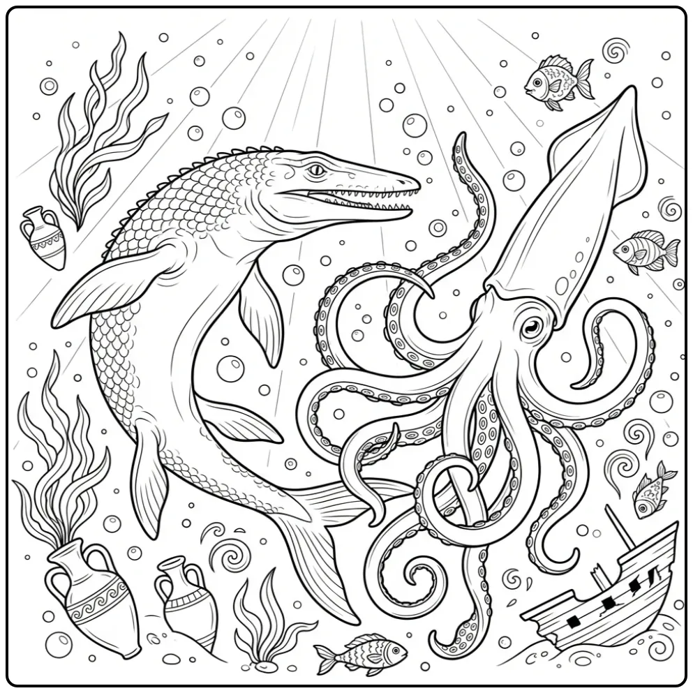 Diepzee avontuur op deze mosasaurus kleurplaat.