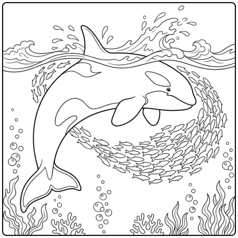 Gedetailleerde orka kleurplaat onder water met bubbels.