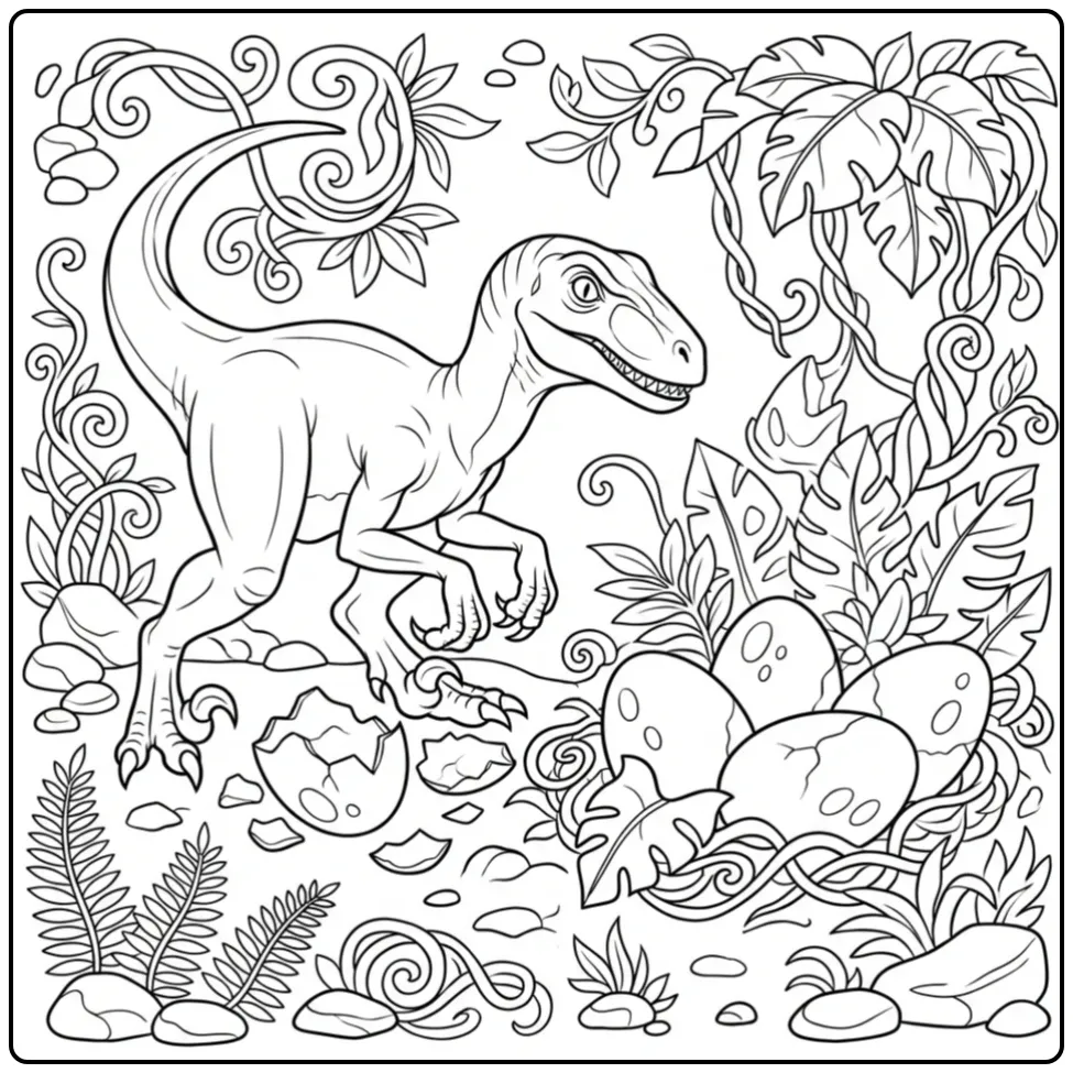 Raptor kleurplaat met nest en dinosauruseieren.