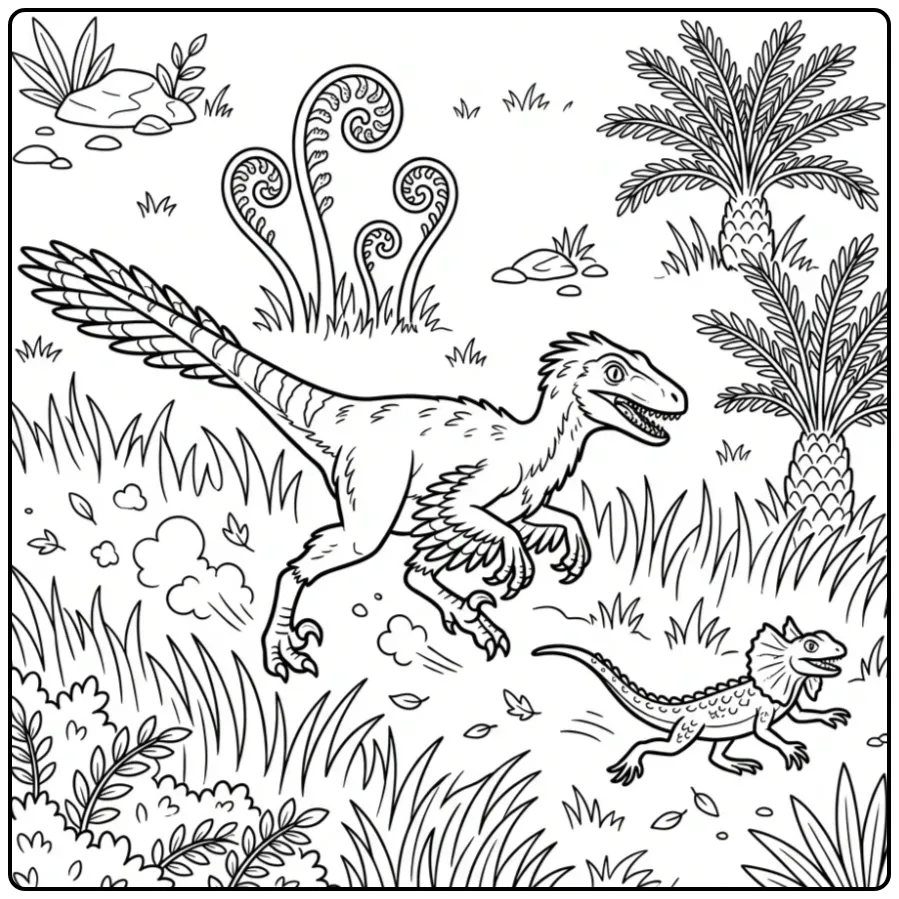 Rennende raptor kleurplaat jagend op een kleine hagedis.